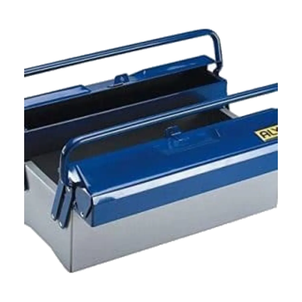 Caja de herramientas metálica, 3 bandejas sobre fondo transparente