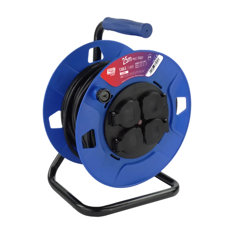 Enrollacables Tayg de cuatro bases y 3000 W con cable recogido en tambor azul