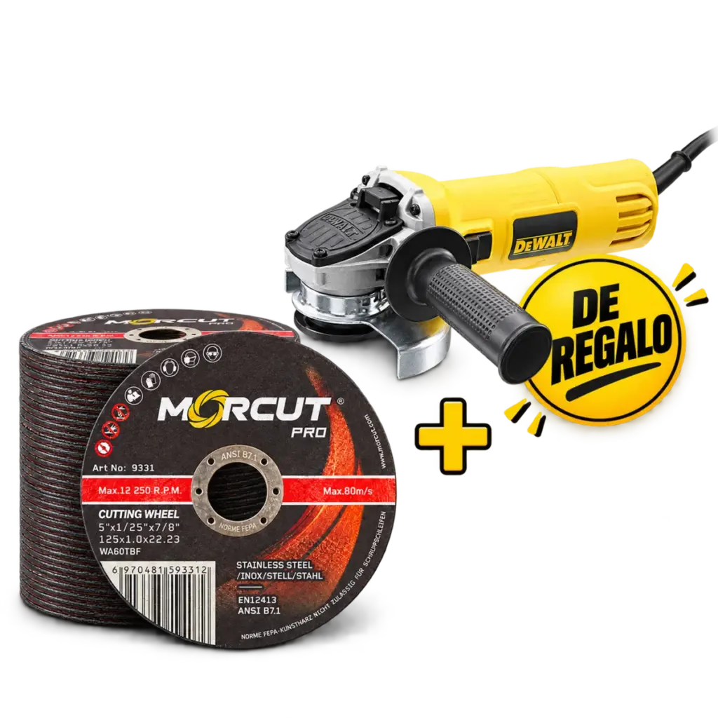 Pack de 100 discos de corte MORCUT 125x1 mm con amoladora DeWalt DWE4056 de regalo