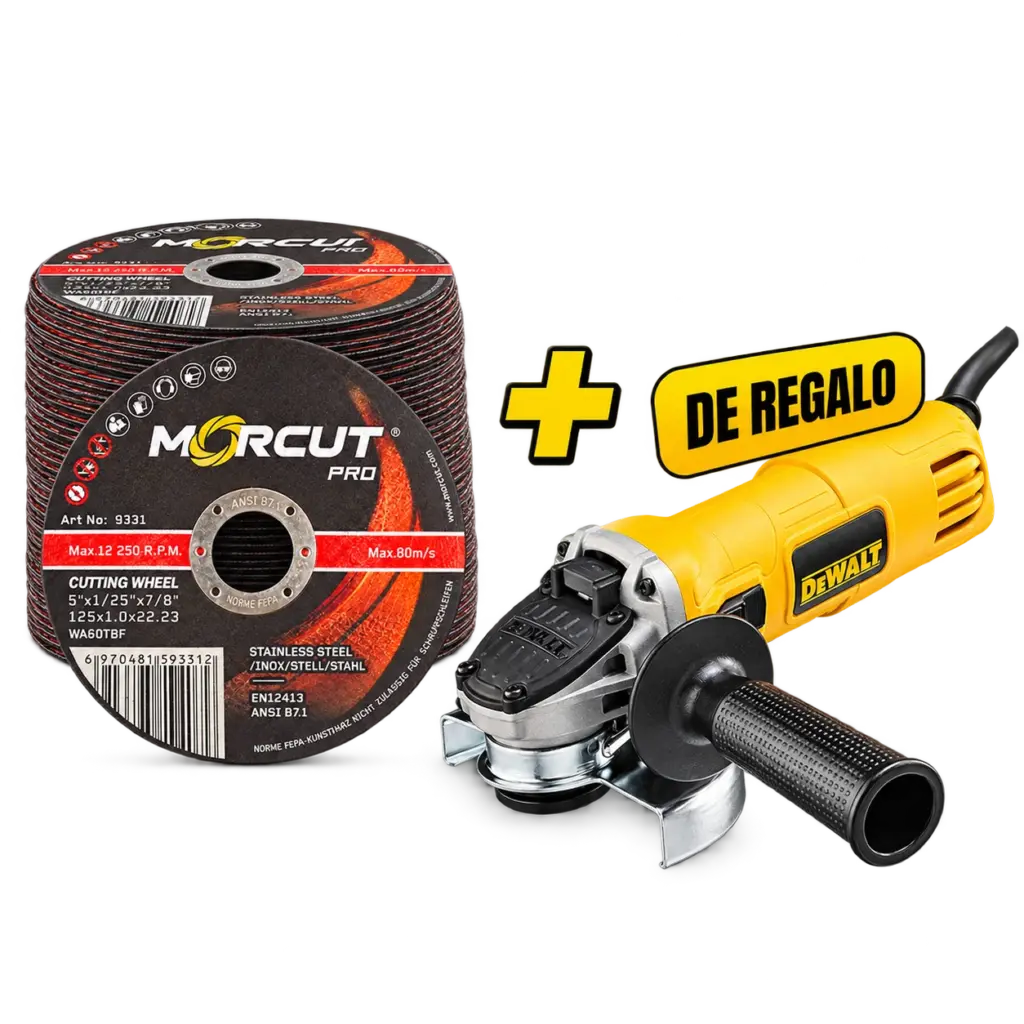 Pack de 100 discos de corte MORCUT 125x1 mm con amoladora DeWalt DWE4057 de 125 mm de regalo